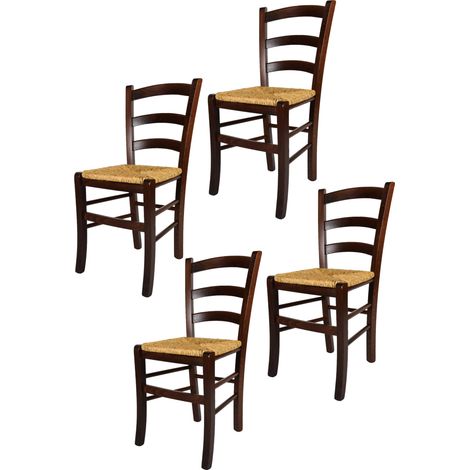 Tommychairs - Set 4 sedie modello Venezia per cucina bar e sala da pranzo, robusta struttura in legno di faggio color noce scuro e seduta in paglia