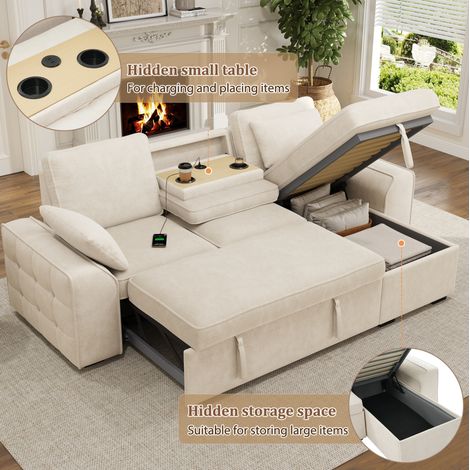 Canapé d'angle 3 places convertible avec rangement, tissu chenille beige, 237x141x86 cm (1/5)