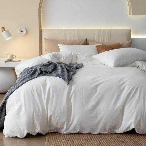 Parure de lit en coton crème blanc 200x200 cm, 3 pièces en coton respirant doux et fin, ensemble de literie avec housse de couette réversible 200x200 cm et taie d'oreiller 80x80 cm avec fermeture (1/5)