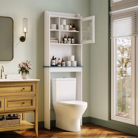 Armoire gain de place au-dessus des toilettes – Étagères réglables – Portes en verre trempé – Sécurité anti-basculement – Meuble salle de bain moderne – Blanc (1/5)