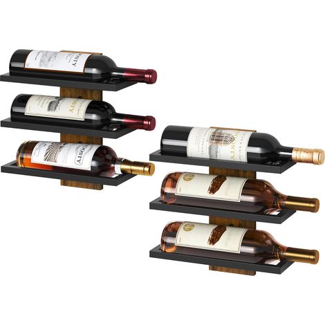 Lot de 2 - Étagère à vin - Porte-bouteilles - Support mural 3 niveaux - Métal et bois - Pour cave et salon - Noir - 60x25cm