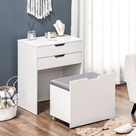 Lot blanc table toilette avec miroir, tiroir et tabouret assorti en bois (1/5)