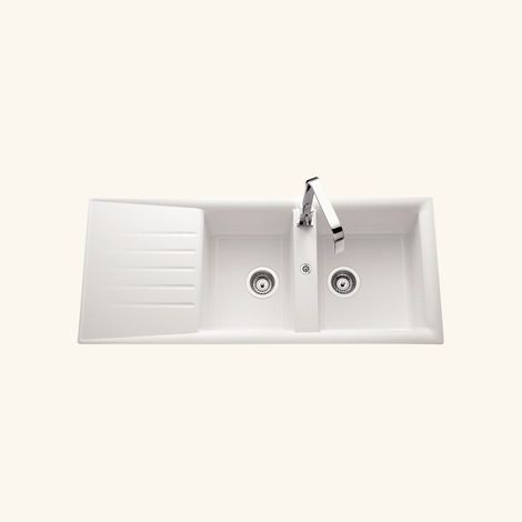 Évier résine blanc 116x50 cm – 2 bacs réversibles – Évier à encastrer avec vidage manuel – Bonde et siphon inclus – EWI (1/5)
