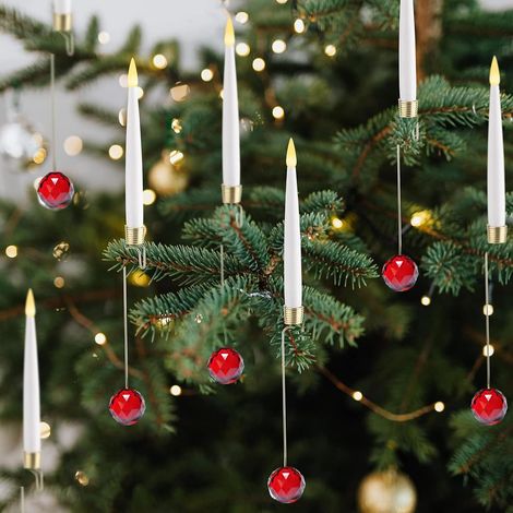 Bougies de Noël avec crochets et télécommande - Lot de 12 bougies LED scintillantes sans flamme avec minuterie pour décoration de Noël - Boule de cristal rouge en verre (1/5)