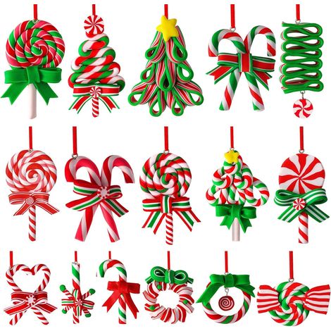 Lot de 16 décorations de sapin de Noël colorées en forme de mini canne à sucre d'orge de Noël à suspendre en argile polymère pour sapin de Noël, décoration d'intérieur (1/5)