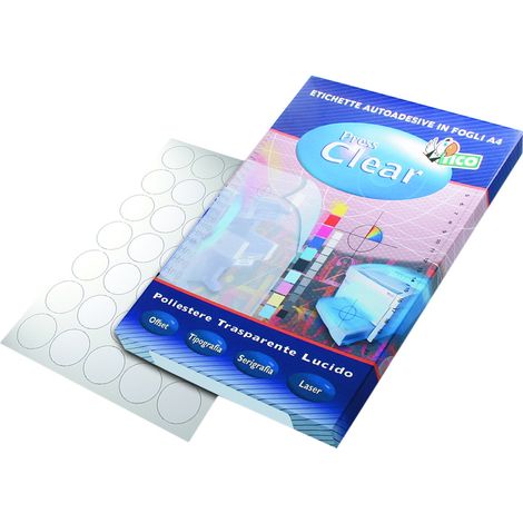 Tico Italia PC4-4525Etichette adesive trasparenti in poliestere resistente, 100 fogli A4, rettangolari 45x25mm, 40 etichette per foglio, adesivo permanente, stampanti laser
