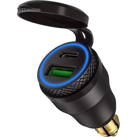 12-V-Kfz-Ladegerät, USB-C-Adapter – Schwarzes Gehäuse mit blauer Kontrollleuchte