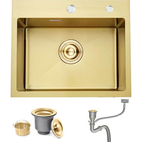 Evier Cuisine 1 Bac 55x45 cm, Petit Evier de Cuisine sous Plan/sur Plan avec 2 Trous de Robinet, Ensemble de Vidange et de Trop-Plein, y Compris Siphon, Installation Flexible, Or Brossé (1/5)