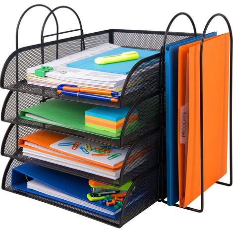 Relaxdays portadocumenti, metallo, A4, 4 scomparti, 2 portariviste, HxLxP:33 x 40,5 x 33,5 cm, organizer scrivania, nero