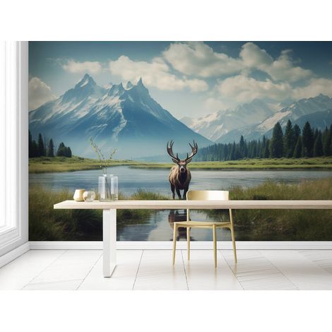 Papier peint paysage cerf dans leau - 150 x 250 cm (1/2)