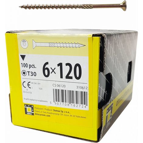 Vis à bois 6x120 mm – Torx coniques – 100 pièces – Acier électro-galvanisé – Vissage rapide sans pré-perçage – Domax