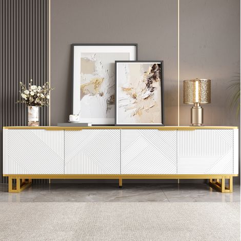 Mobile TV 160x37.5x48 cm bianco in MDF con 4 ante, dettagli dorati e passacavi (1/5)