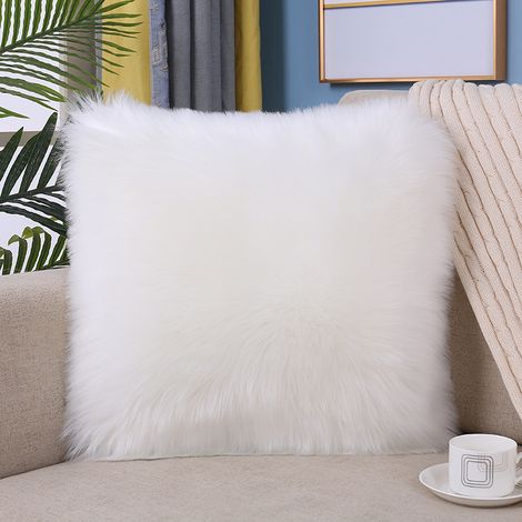 Housse de Coussin Fausse Fourrure Deluxe Décoratif Canapé Chambre Lit Doux moelleux Mongolie Taie d'oreiller 45x45cm 5050cm Tissu Blanc (1/5)