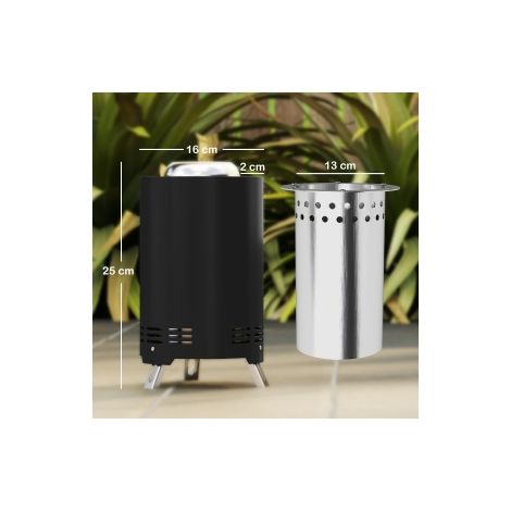 Brasero noir en acier inoxydable Ø16 x 25 cm avec tisonnier et foyer à fumée réduite pour jardin, terrasse et camping (1/5)
