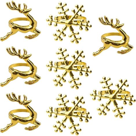 Lot de 8 ronds de serviette dorés en forme de renne et de flocon de neige pour décoration de table de Noël/mariage/Thanksgiving/fête (1/5)