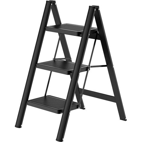 Escabeau pliant - Cadre en acier robuste - Charge maximale : 150 kg - Design pliable avec surface antidérapante pour plus de sécurité (3 marches) (1/5)