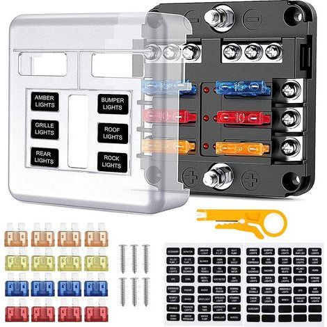 6-fach Sicherungskasten, Flachsicherungsblock mit Minuspol, 16 Sicherungen und 6 LEDs, Schutzabdeckung für 12V/24V Auto/Boot (1/5)