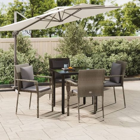 5-tlg. Garten-Essgruppe mit Kissen Schwarz und Grau Poly Rattan