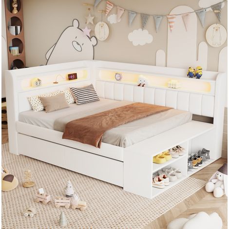 Lit de jour capitonné 90x200 cm blanc avec tête de lit, USB, LED, 2 tiroirs et rangement à chaussures