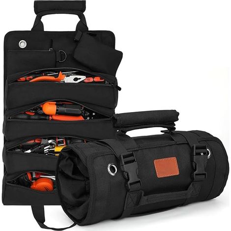 Sac à outils, grand sac à outils en toile, sac à outils à roulettes multifonctionnel, 6 poches, résistant aux déchirures et aux perforations, noir, nylon