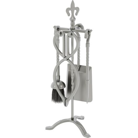 Fleur De Lys 5 Piece Companion Set Fireplace Accessories Shovel, Poker, Brush & Tongs, Pewter