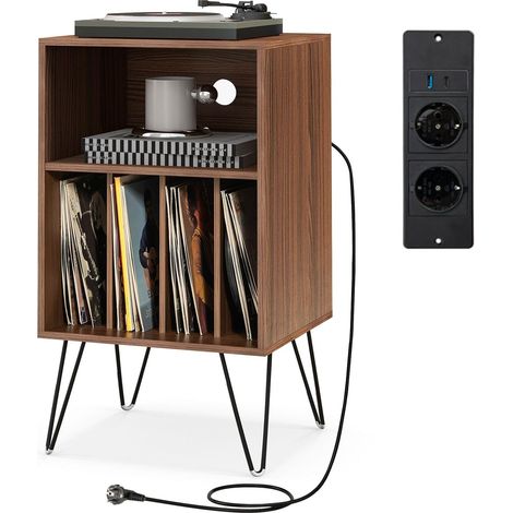 COSTWAY Mesas Auxiliares con Estación de Carga, Mesitas de Noche con 2 Enchufes, 1 Puerto USB y 1 Tipo C, Soporte para Tocadiscos de 3 Niveles, para Salón, Dormitorio, 48x40x88cm (Color Nogal) (1/5)
