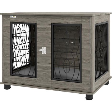 Cage pour chien avec coussin de couchage, jusqu'à 20 kg/50 cm de longueur, en métal, 80 x 56 x 63 cm, décor gris/bois Ce (1/5)