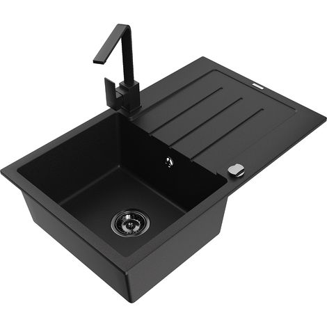 Mexen Bruno 1 Becken-Granitspüle mit Abtropffläche und Mischbatterie Rita, Schwarz - 6513-77-670300- (1/5)
