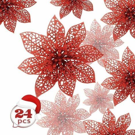 Fleurs de Nol, 24 fleurs de Nol scintillantes, fleur de Nol scintillante creuse, ornement de décoration de fleurs artificielles d'arbre de Nol poinsettia, décoration pour mariage, fête, Nol (rouge) La (1/5)