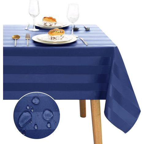 Nappe lavable 110x140 cm bleu foncé rayé, hydrofuge, rectangulaire