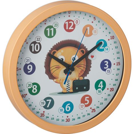 Horloge murale design coloré chambre enfant éveil apprentissage 30 x 30 cm en plastique jaune (1/5)