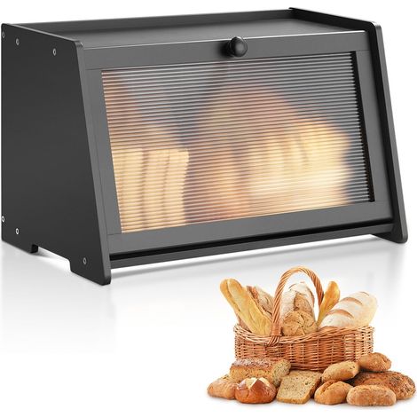Boîte à Pain pour Comptoir de Cuisine 1 Niveau, Récipient de Stockage pour Pain de Style Ferme, Grande Capacité, avec Panneau de Porte Ondulé en Acrylique, Rangement Alimentaire, Noir (1/5)