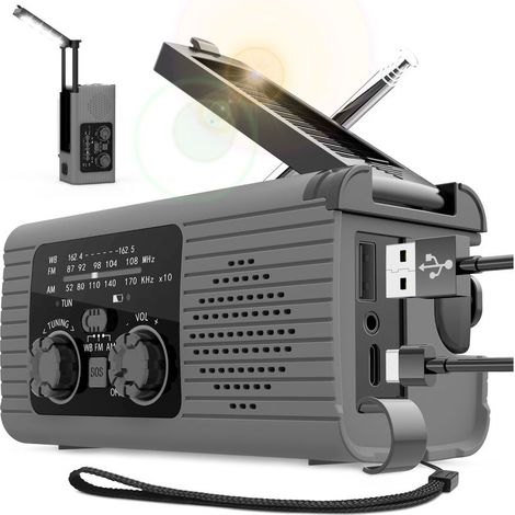 Radio d'urgence portable IPX4 : Radio AM/FM/NOAA, chargeur solaire/manuelle, lampe torche LED, alarme SOS – 4000mAh(Gris) (1/5)