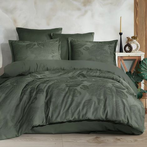 Parure de lit 160x200 cm en satin de coton jacquard à feuilles vert foncé Palmore (1/4)