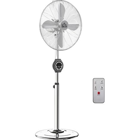Ventilatore a piantana regolabile in altezza (120-135 cm), oscillazione a 75°, timer di 7,5 ore, telecomando, modalità sleep, colore argento.