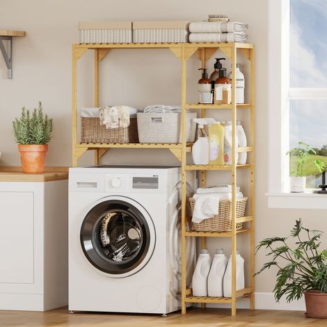 Mensola in bambù per lavatrice, mobiletto per lavatrice o WC con ripiani reversibili e regolabili, legno naturale