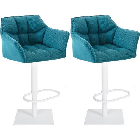 uego de 2 taburetes de bar regulables en tela turquesa con asiento envolvente acolchado y base cuadrada en tela blanca 10000662 (1/4)