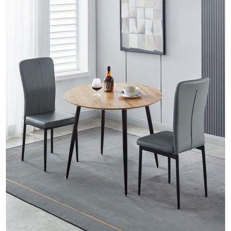 Hallowood Furniture Cullompton Small Dining Table and Chairs Set 2, Brown Oak Effect Top Kitchen Table and Chairs in Grey Faux Leather Upholstery and Metal Legs for Home, Office & Café (1/5)