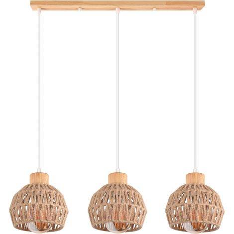3 Suspension Luminaire, Ampoule E27, Abat-jour Chanvre Bois, Design Vintage, Pour Salle à Manger Cuisine