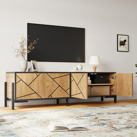 Meuble TV 153x40x50 cm, grand meuble bas avec 4 portes, design géométrique contrasté, adapté aux téléviseurs 65 pouces, finition bois naturel et lignes noires. (1/5)