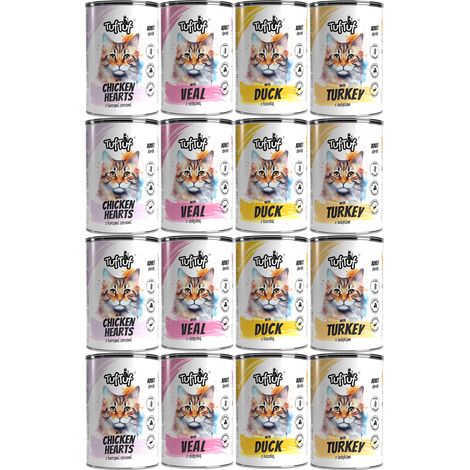 Comida h煤meda para gatos TufTuf. Lata de carne en conserva con una mezcla de sabores. Set de 12 latas de 400 g.