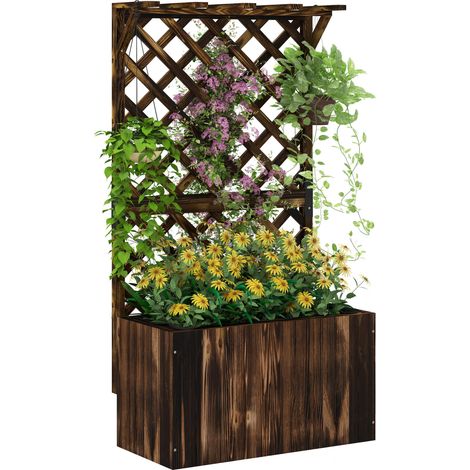 Jardinière surélevée avec treillis, bac à fleurs en bois, treillis de jardin 64 x 33 x 122 cm, finition carbonisée (1/5)