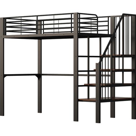 90 x 200 cm Hochbett aus schwarzem Metall mit Treppe und Stauraum unter dem Bett MODENUIT (1/5)