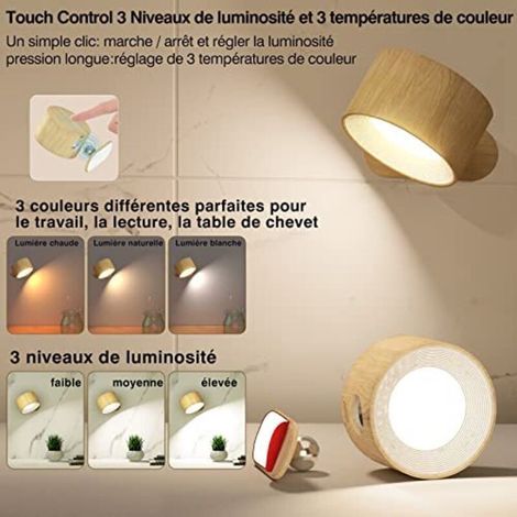 Applique murale intérieure, lampe tactile LED avec port de chargement USB, commande tactile, 3 niveaux de luminosité, 3 températures de couleur, rotation à 360°, lampe de chambre, 1 paquet (g) (1/3)