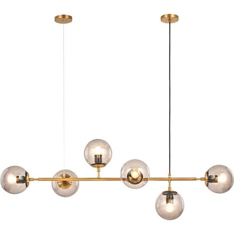 Lustre doré moderne linéaire à 6 lumières pour îlot de cuisine, hauteur réglable en forme de globe en verre gris fumé Lumière chaude (1/5)