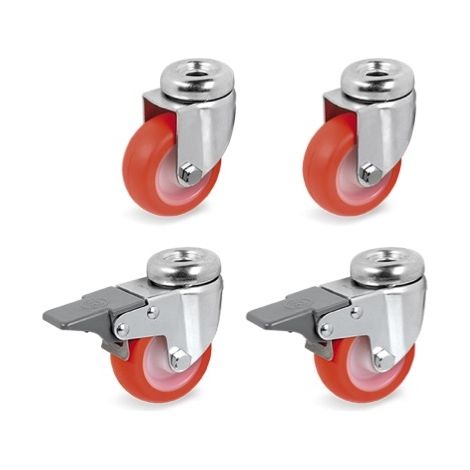 Lot de 4 roulettes à oeil pivotantes et pivotantes à frein polyuréthane rouge 40 mm - 120 Kg (1/3)
