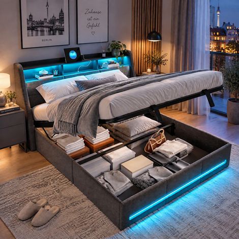 HYTKKBD – Lit Coffre 140x190cm,avec LED Réglable et Port USB,avec Rangement Hydraulique,Tête de Lit avec Rangement,Capacité de Charge de 300kg,Sommier à Lattes,Facile à Monter,Lin,Gris (1/5)