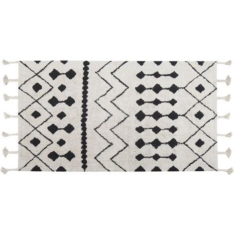 Alfombra de algodón blanco crema negro 80 x 150 cm geométrico borlas Khemisset