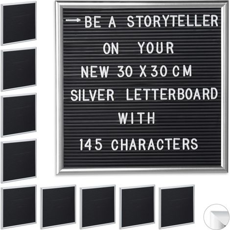 Set of 10 Relaxdays Framed Letter Boards, Incl. 1450 Letters, Numbers Special Characters, Message Board, 30x30cm, Silver