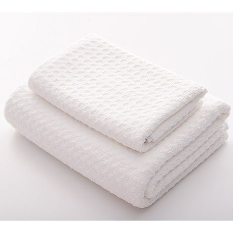 Lot de 2 serviettes de bain extra-larges en microfibre, séchage rapide, non pelucheuses, 140 x 70 cm, blanches, à motif gaufré. (1/5)